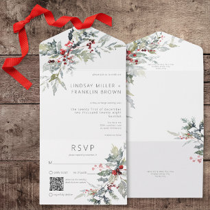 Ländliche Winter-Holly-Beeren & Schnee QR-Code All In One Einladung
