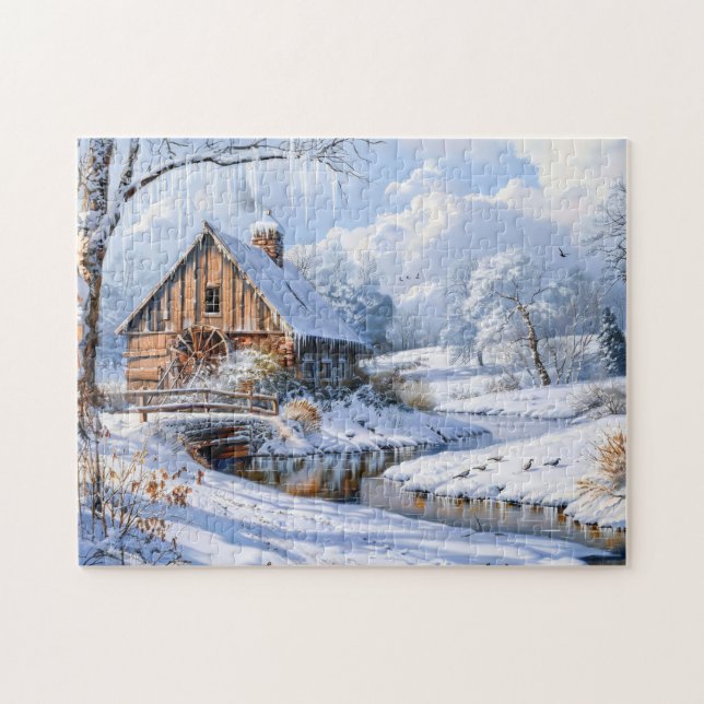 Ländliche Winter-Scheune am gefrorenen Bach Puzzle (Horizontal)