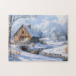 Ländliche Winter-Scheune an gefrorenem Bach Puzzle