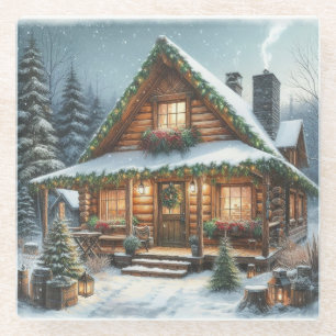 Ländliche Winter-/Weihnachts-Schneehütte Glasuntersetzer