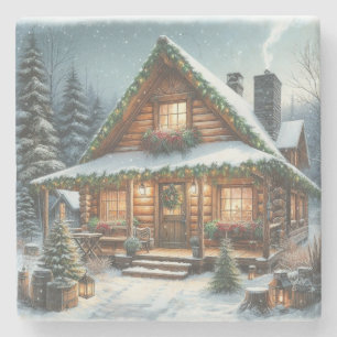 Ländliche Winter-/Weihnachts-Schneehütte Steinuntersetzer