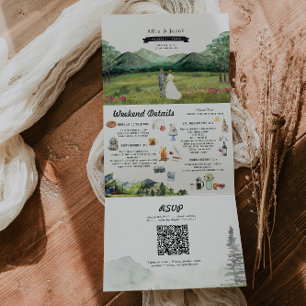 Ländlicher Bergfluss Wald   Illustrierte Hochzeit Dreifach Gefaltete Einladung