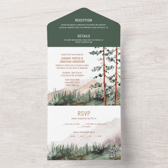 Ländlicher Bergkiefernbaum-Nebel-Hochzeits-QR-Code All In One Einladung (Innen Boden)