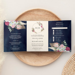 Ländlicher Boho Rosa Blumen Pampas Navy Blau Hochz Dreifach Gefaltete Einladung
