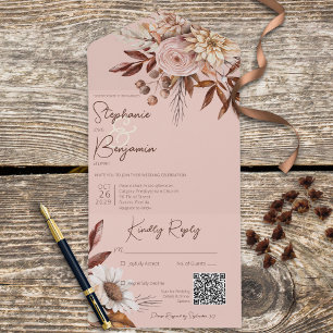 Ländlicher Boho-Rosé-Neutrale Blüten Rosa QR-Code All In One Einladung
