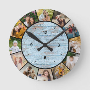Ländlicher Falsiver Blauholz-Zaun 12er Fotocollage Runde Wanduhr