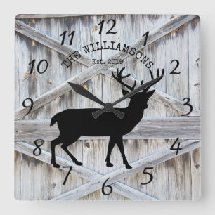 Ländlicher Familienname Holz Hütte Hirsch Bock Gro Quadratische Wanduhr