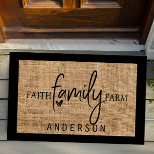 Ländlicher Faux-Burlap-Türvorleger mit Glauben Fam Fußmatte