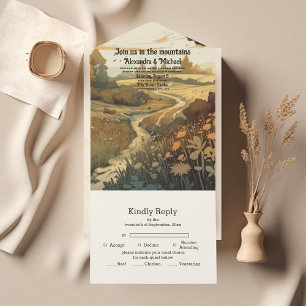 Ländlicher Gebirgswald Immergrüne Hochzeit All In One Einladung