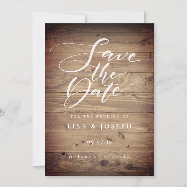 Ländlicher Holz-Land-Script Save-the-Date-Karte Einladung (Vorderseite)