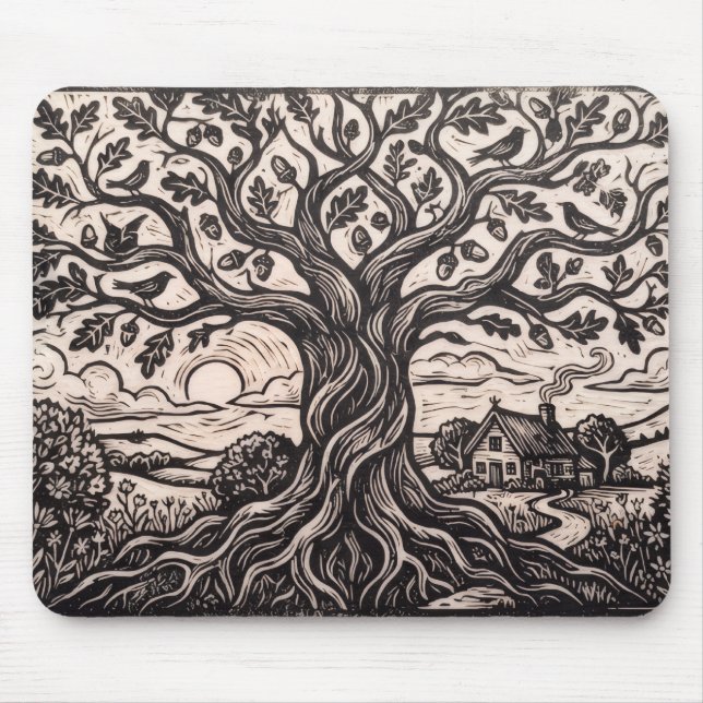 Ländlicher Holzfäller-Eichenbaum-Cottage-Mauspad Mousepad (Vorne)