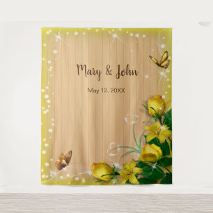 Ländlicher Holzgelber Blumen-Schmetterlingshinterg Wandteppich