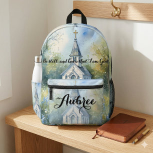 Ländlicher Kirchenweg in einer Wildblumenwiese Bedruckter Rucksack