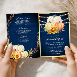 Ländlicher Navy-Holz-Sonnenblumen-Kürbis-QR-Code-H Einladung