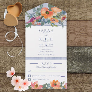 Ländlicher Pfirsich Blau & Weiß Floral Ohne Abende All In One Einladung