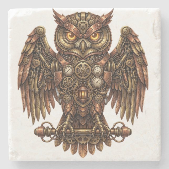 Ländlicher Steampunk-Mechanischer-Eule-Absorbierst Steinuntersetzer (Vorderseite)