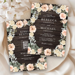 Ländlicher verstaubter Pfirsich-Blumen-QR-Code Hol Einladung