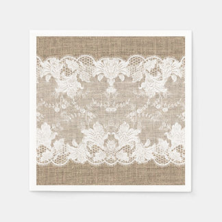 Ländlicher, vintage-beiger Jute und weiße Spitze Serviette