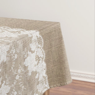 Ländlicher, vintage-beiger Jute und weiße Spitze Tischdecke