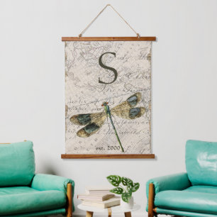 Ländlicher Vintage-Libelle-Monogramm Wandteppich Mit Holzrahmen