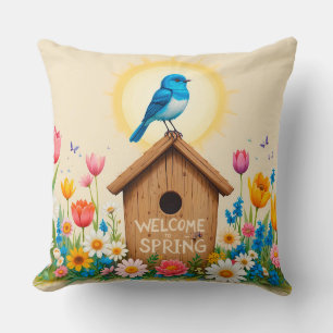 Ländlicher Vogelnistkasten mit Blüten und Naturins Kissen