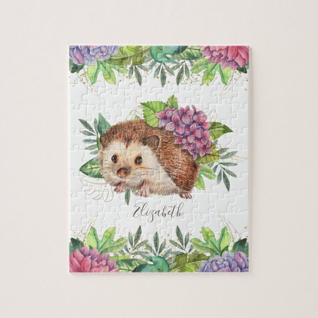Ländlicher Wald Forst Süße Blumen Igel Name Puzzle (Vertikal)