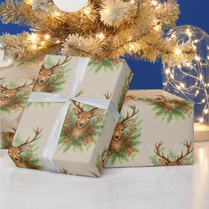 Ländlicher Waldhirschkopf mit Winterlaub - Geschenkpapier