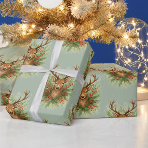 Ländlicher Waldhirschkopf mit Winterlaub - Geschenkpapier