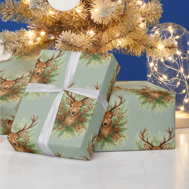 Ländlicher Waldhirschkopf mit Winterlaub -  Geschenkpapier (Feiertage)