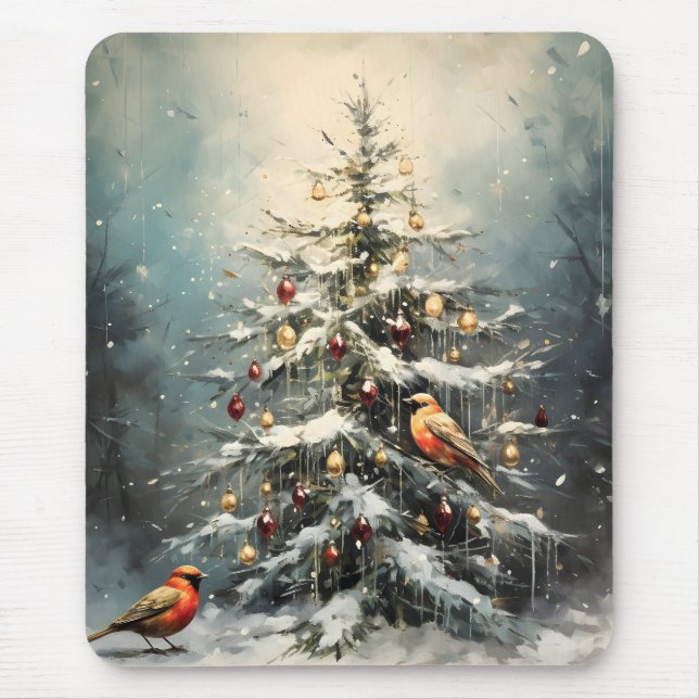 Ländlicher Weihnachtsbaum Schnee Rot Vögel  Mousepad (Vorne)