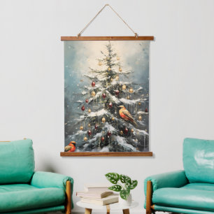Ländlicher Weihnachtsbaum Schnee Rot Vögel Wandteppich Mit Holzrahmen