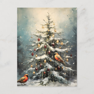 Ländlicher Weihnachtsbaum Winter Schnee Rote Vögel Feiertagspostkarte