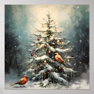 Ländlicher Weihnachtsbaum Winter Schnee Rote Vögel Poster