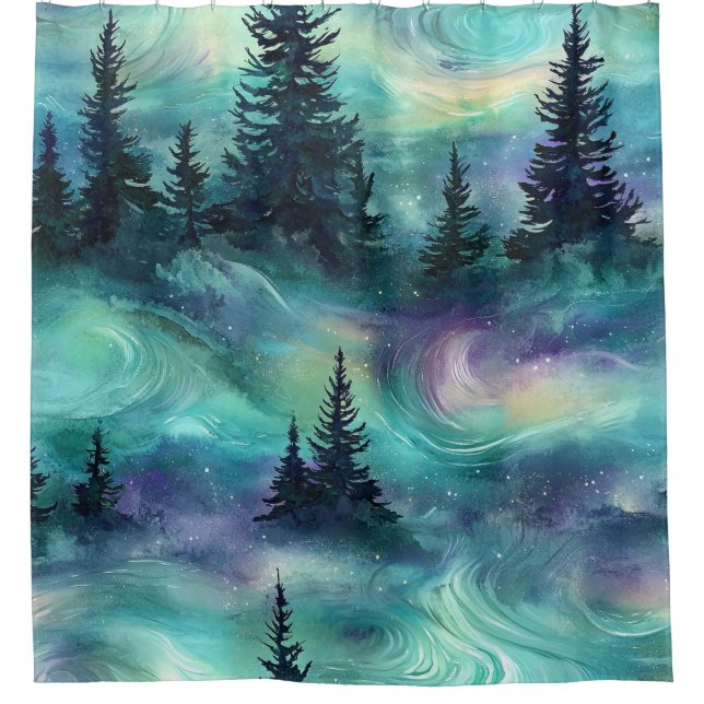 Ländliches Aurora-Waldmuster Duschvorhang (Vorderseite)