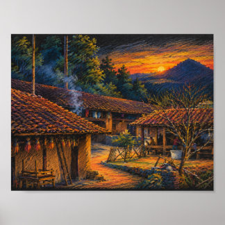 Ländliches Bergdorf-Sonnenuntergang Farbstift Post Poster