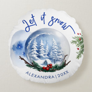Ländliches Blau Weiß Winter Schneekugel Woodland P Rundes Kissen
