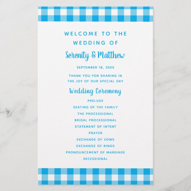Ländliches blaues Gingham-Karo-Hochzeitsprogramm (Vorderseite)