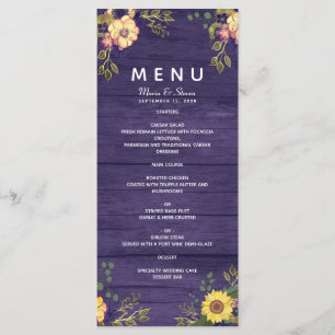 Ländliches Blumenhochzeitsmenü in Lila Menükarte