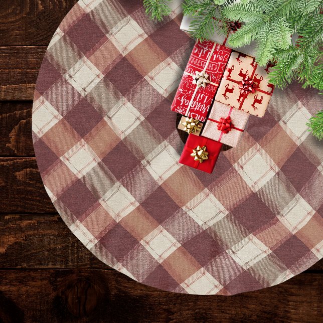 Ländliches Creme-Orange-Rostrot-Karomuster Polyester Weihnachtsbaumdecke (Von Creator hochgeladen)