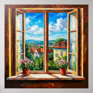 Ländliches Fenster mit Blick auf charmantes Bauern Poster