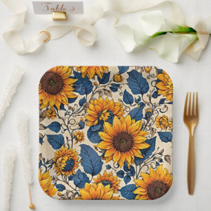 Ländliches Gelb Sonnenblume Marineblau Vintage Flo Pappteller