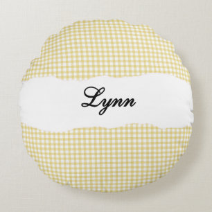 Ländliches gelbes Gingham mit personalisiertem Nam Rundes Kissen