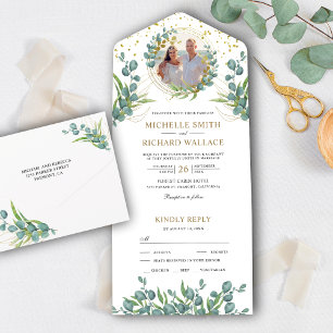 Ländliches Grün Eukalyptusblätter Foto Hochzeit All In One Einladung