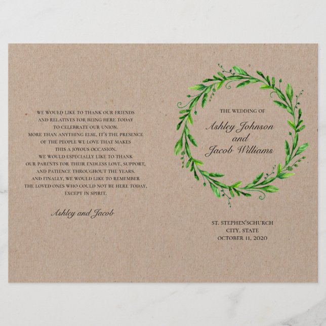 Ländliches Hochzeitsprogramm. Landgrün Botanik (Vorderseite)