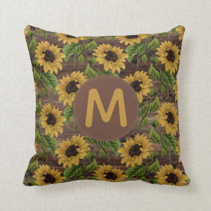 Ländliches Holz Gelbe Sonnenblumen Monogramm Kissen