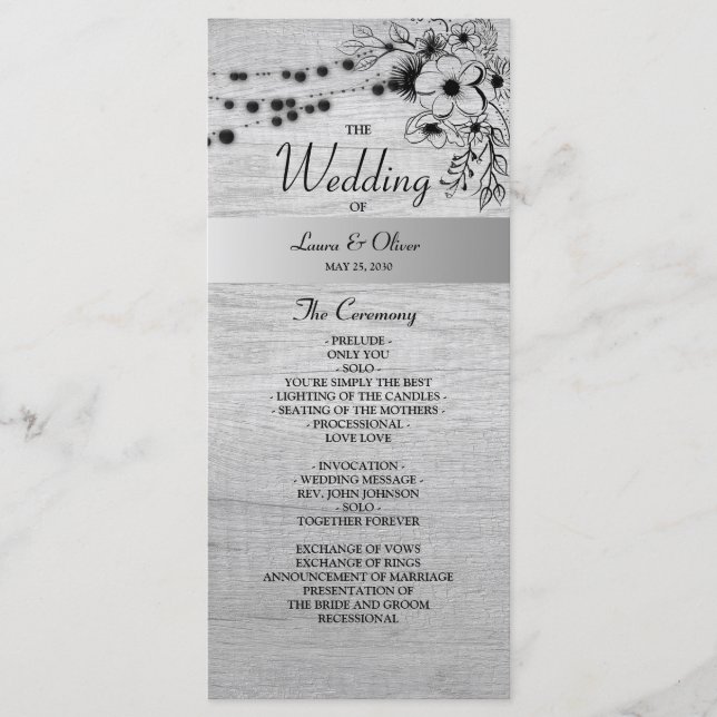 Ländliches Holz Hochzeitsprogramm in Schwarz und W Programm (Vorderseite)