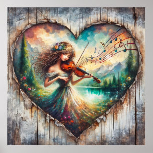 Ländliches Holz Mädchen spielt Violinmusik Poster