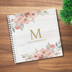 Ländliches Holz Rosa Florales Wasserfarben-Monogra Notizbuch