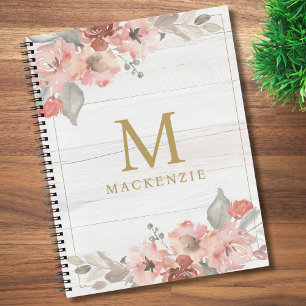 Ländliches Holz Rosa Florales Wasserfarben-Monogra Notizbuch