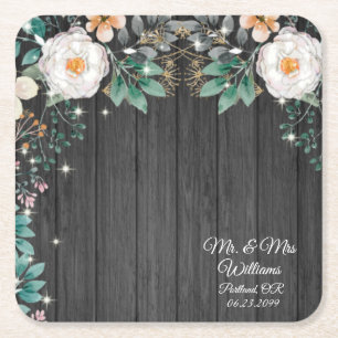 Ländliches Holz Vintage Aquarell Blumen & Glitzer Rechteckiger Pappuntersetzer
